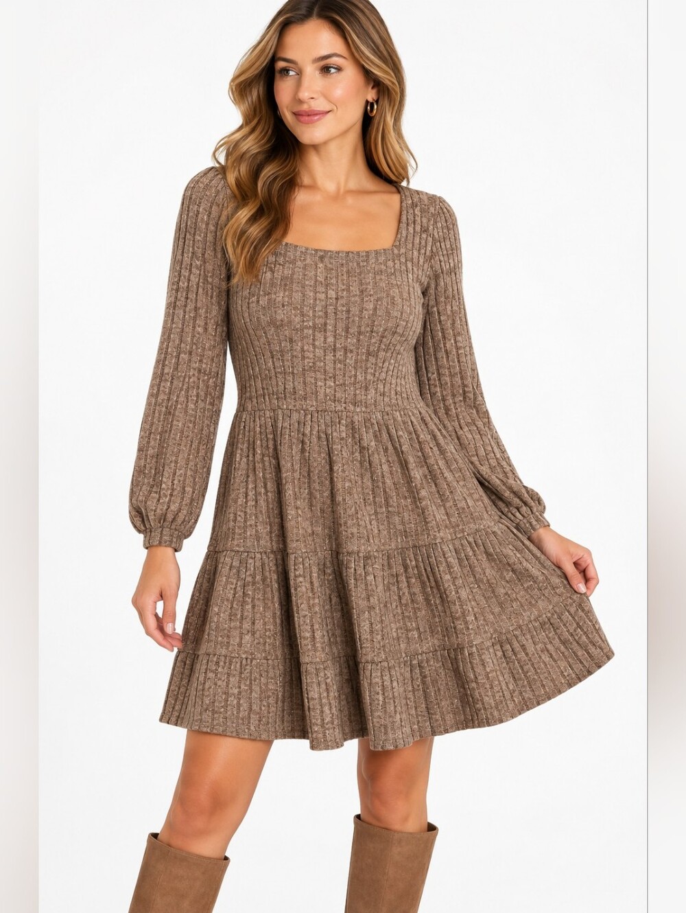 Sampeel XL Brown Ribbed Knit Tiered Sweater Dress Long Sleeve Cottagecore